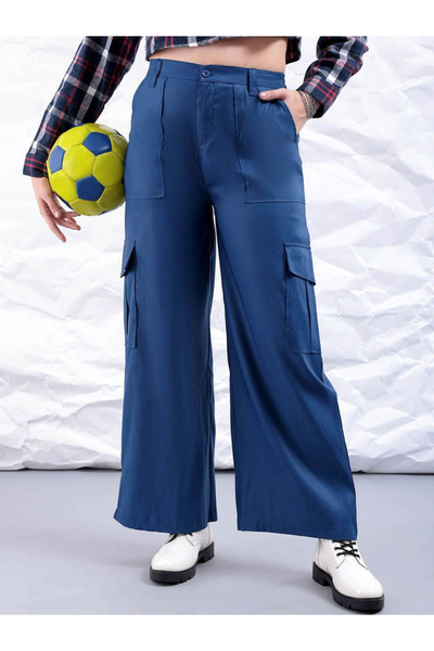 Freehand By Styli Women Blue Flared Cargo Trousers