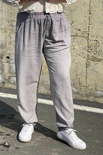Mia Butik Plus Size Gray Elastic Waist Linen Trousers