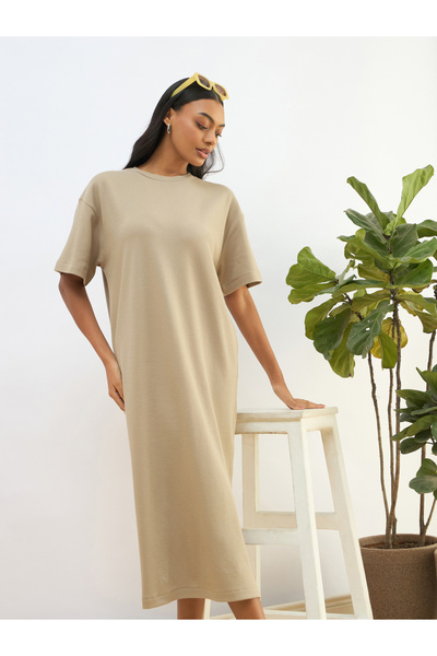 Sassafras By Styli Khaki Waffle Knit Oversized T-Shirt Midi Dress