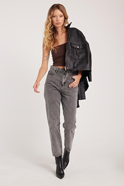 Tudors Kadın Slim Fit Dar Kesim Pamuklu Dar Paça Antrasit Jean Pantolon