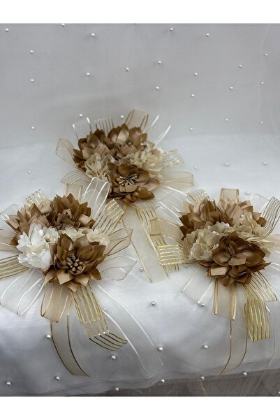 GÜRLEK TEKSTİL Bej Tomurcuklu Gelin ve Damat Bohçası Için Motifli Çiçek 3 Ade...