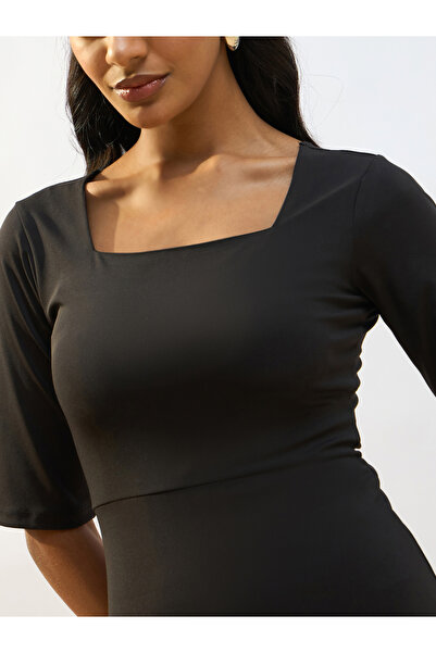 Sassafras By Styli Black Square Neck Knit Bodycon Midi Dress