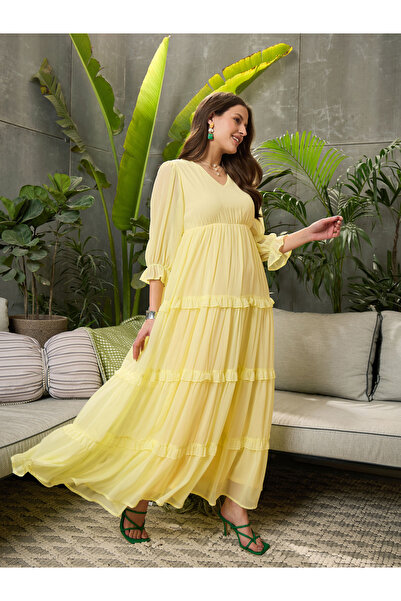 Sassafras By Styli Yellow V Neck Tiered Maxi Dress