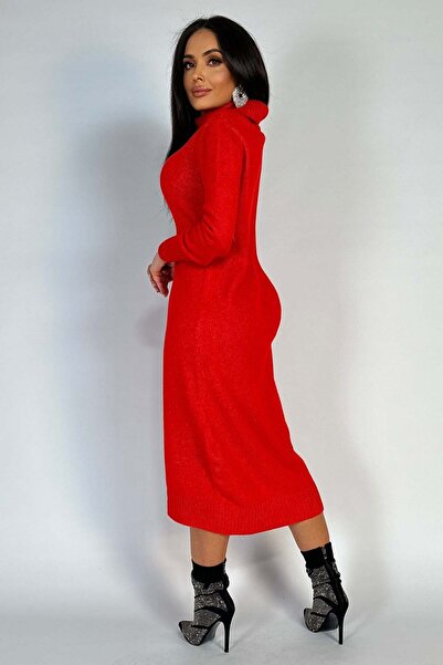 WildFashion Long sweater dress with high collar made of crocheted material H760-3