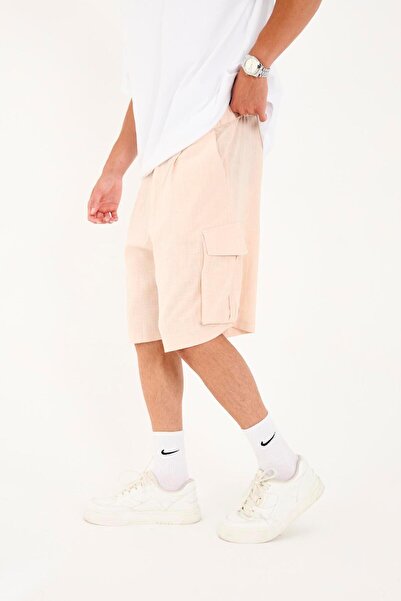 Rocqerx R-4428 Λεπτομερές ελαστικό λινό σορτς με φερμουάρ