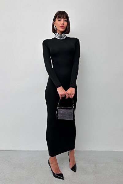 New Now Victoria Long Sleeve Stand-Up Collar Stone-Detail Diver Fabric Dress