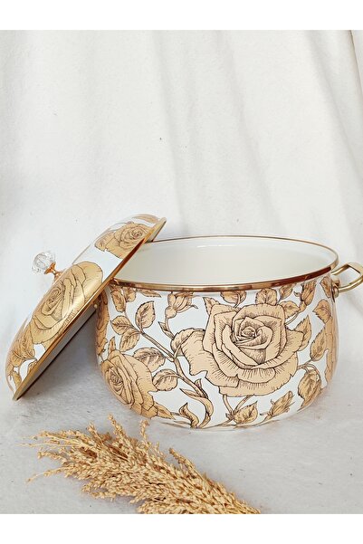 EBRULİEMAYE Yellow Rose Enamel Luxury Vintage Pot Size 8 Liters 28 cm Diameter Milk Yogurt Jam Canned Paste Pot