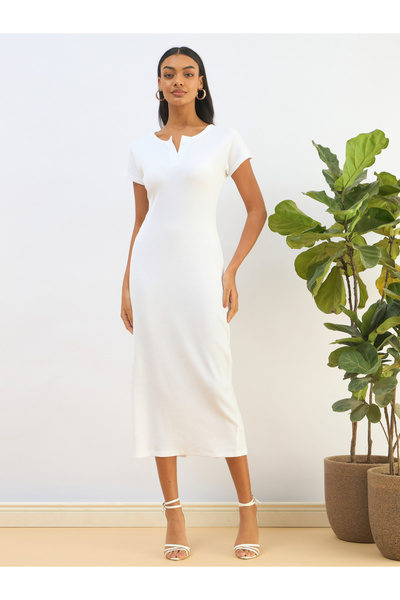 Sassafras By Styli White Ribbed Bodycon Midi Dress