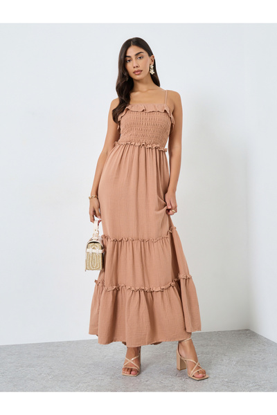 Take Two By Styli Beige Maxi Dress with Ruffle Detail