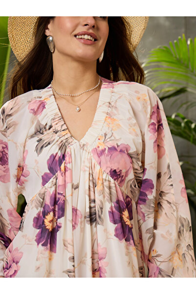 Sassafras By Styli Off White Elasticated V Neck Maxi Dress