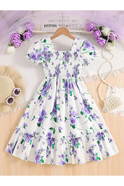 Take Two By Styli Girls White Floral Print Puff Sleeve Dress