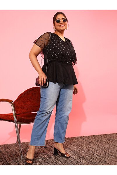 CURVY STREET By Styli Plus Size Black Mesh Sequined Top