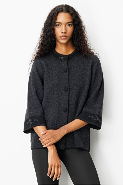 Desen Triko Women's Stand Collar Sleeve and Collar Embroidered Wool Coat Black