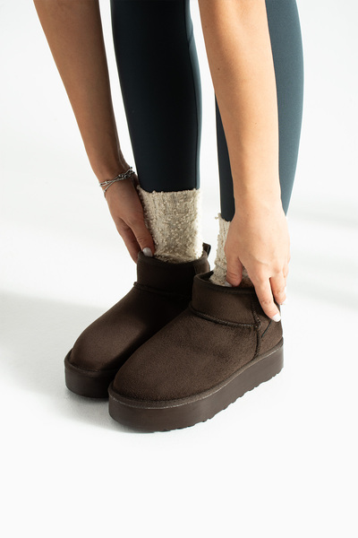 BOUIS Γυναικείες μπότες casual καφέ σουέντ με επένδυση από γούνα, χοντρή σόλα, κοντές, ζεστές, άνετες και κομψές μπότες