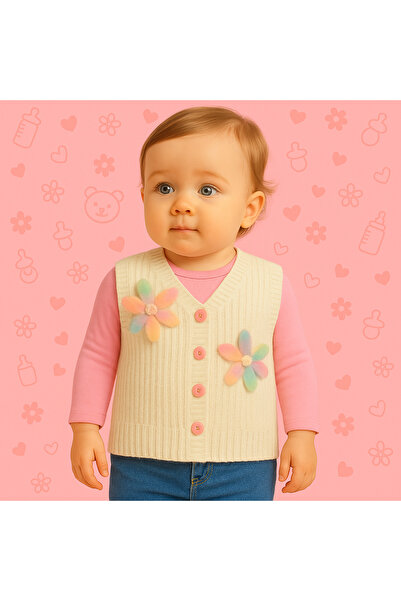 Uğur bebe Baby Knit Vest – 100% Acrylic, Buttoned, Floral Pattern, for Baby Girl” 🌸 🧸