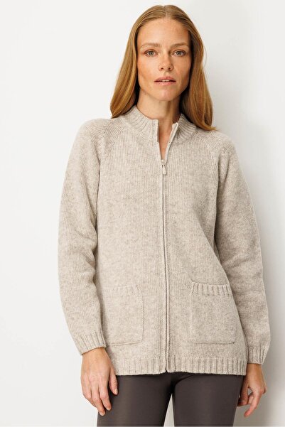 Desen Triko Women's Stand Collar Pocketed Basic Wool Cardigan V.Beige