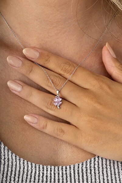 Gümüş Pazarım Pembe Taşlı Dört Yapraklı Yonca Kadın Gümüş Kolye