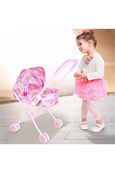REZZOSS Pink Strawberry Print Doll Stroller, Foldable Baby Doll Pram with Adj...