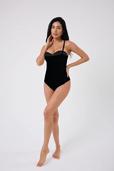 MİSTİRİK Mazzola Model Laser Cut Non-Marking Corseted Snap-On Slip Body Black Color