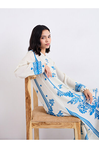 Styli Placement Print Notch Neck A-Line Jalabiya