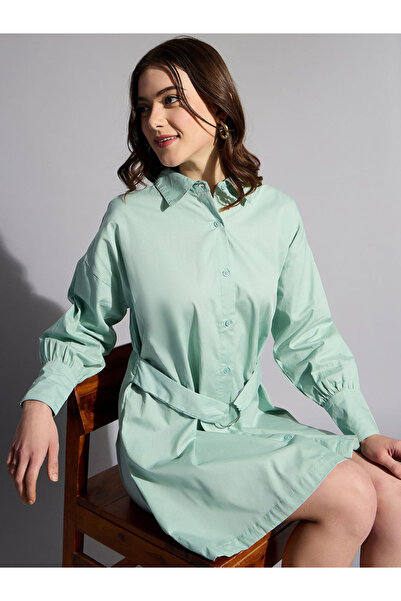 Freehand By Styli Women Green Belted Shirt Mini Dress