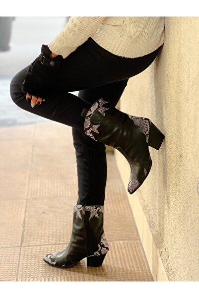 BERFONA DORİ BLACK LEATHER GRAY SNAKE LEATHER DETAIL DALLAS WESTERN BOOTS