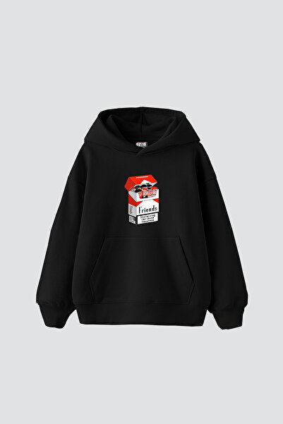 Sekizbiraltı Friends Smoke Baskılı Oversize Unisex Siyah Hoodie