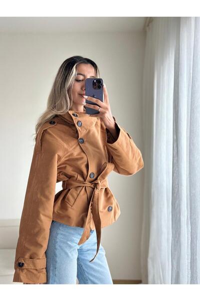 MODA Kahverengi Dik Yaka Kısa Trençkot