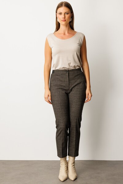 Ekol Elastic Waist Herringbone Patterned Trousers Brown