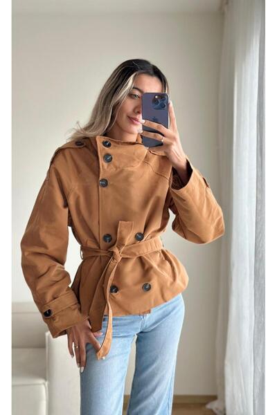 MODA Kahverengi Dik Yaka Kısa Trençkot