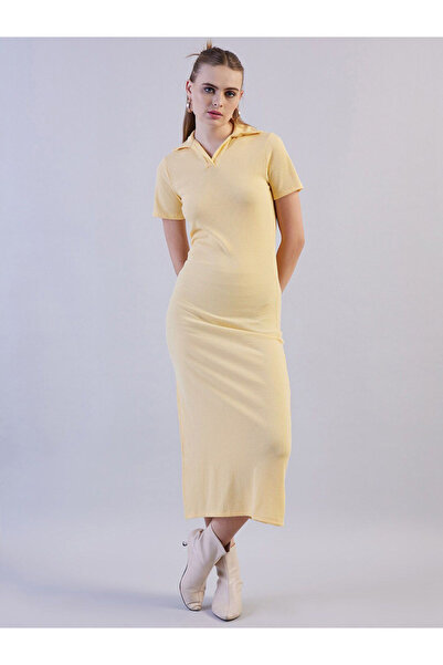 Freehand By Styli Women Yellow Ribbed Midi Dress