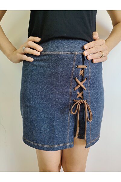 moda felinya Lace-Up Lycra Denim Shorts Skirt