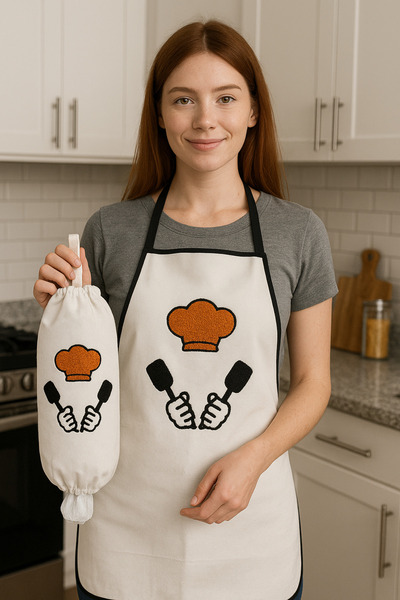 e-Bizz Store Punch Nakışlı Mutfak Önlüğü & Punch Nakışlı Poşetlik & Mutfak Set