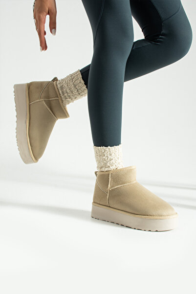 BOUIS Γυναικείες μπότες casual σε μπεζ σουέντ με επένδυση από γούνα, χοντρή σόλα, κοντές μπότες που κρατούν ζεστό, άνετα και κομψά παπούτσια