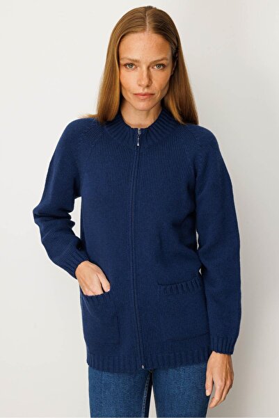 Desen Triko Kadın Dik Yaka Cepli Basic Yün Hırka İndigo