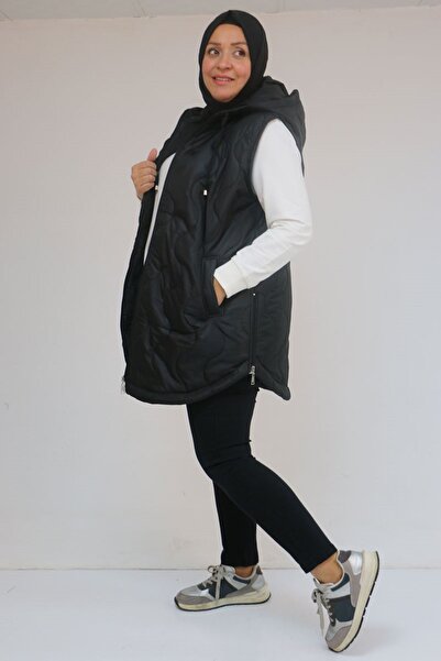 Eslina 44007 Plus Size Oval Cut Quilted Vest with Side Slits - Black