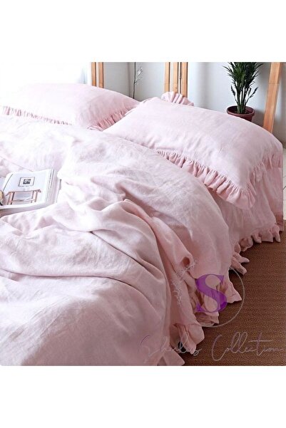 shules collection طقم غطاء لحاف مزدوج من الكتان المكشكش باللون الوردي مصنوع م...
