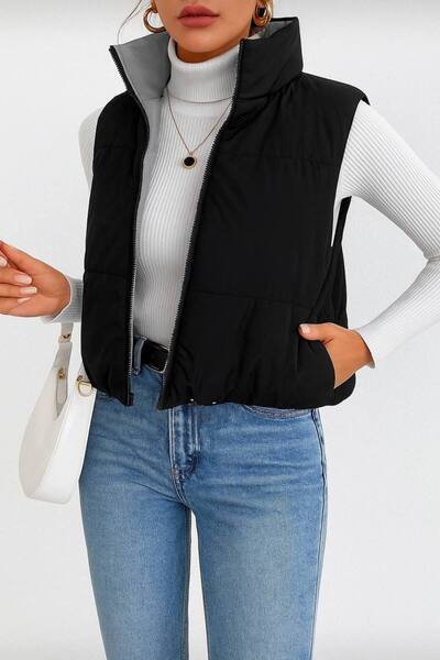 Varyete Women's Double-Sided Wearable Zippered Sleeveless Puffer Crop Coat Vest with Pockets