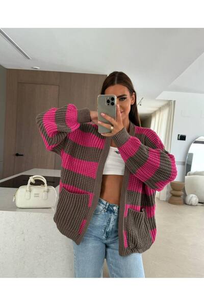 moda paketi Striped Knit Cardigan - Standard Size Loose Knit Cardigan with Pockets