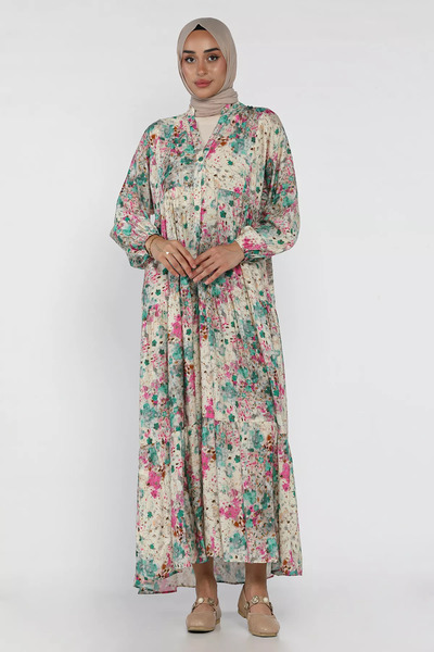 julude Stone Flower Patterned Front Buttoned Seasonal Hijab Dress