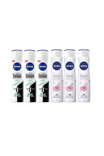 NIVEA Set 6 X Antiperspirant Woman Deo 150ml, 3 X Black&White Invisible Fresh, 3 X Fresh Rose Touch,