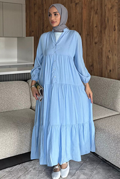 julude Blue Front Buttoned Flowy Seasonal Hijab Dress