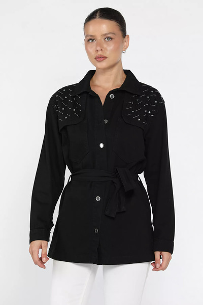 julude Black Women's Shoulder Detailing Stone Embellished Waist Belted Jean Denim Jacket