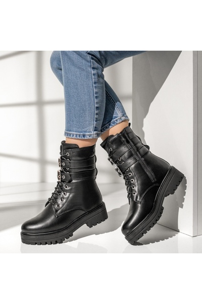 BMoD Women's black ankle boots with a chunky sole and decorative straps MOD02276