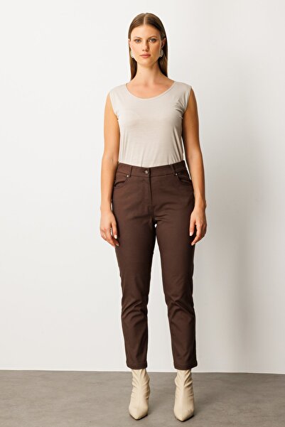 Ekol Women's Plus Size Skinny Leg Trousers 1063 Brown