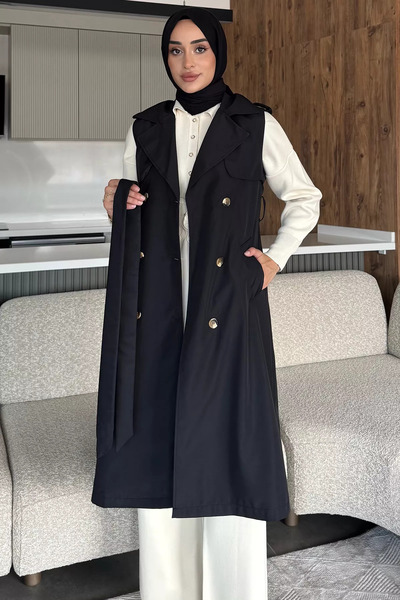 julude Black Double Breasted Collar Waist Belt Detailed Front Buttoned Hijab Trench Coat