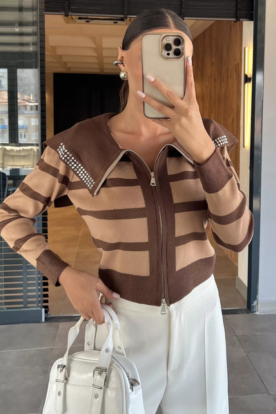 julude Striped Knit Cardigan with Coffee Collar Detail