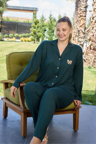 Miss Meryem Yeşil Yün Viskon Uzun Kol Önden Düğmeli Pijama Takım