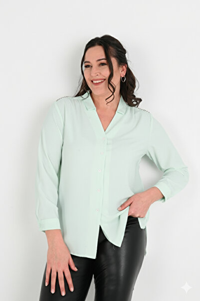 Koza Butik Women's Large Size Shoulder Stone Detailed Shirt 1687-24