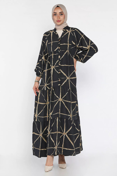 julude Black Hijab Patterned Seasonal Dress